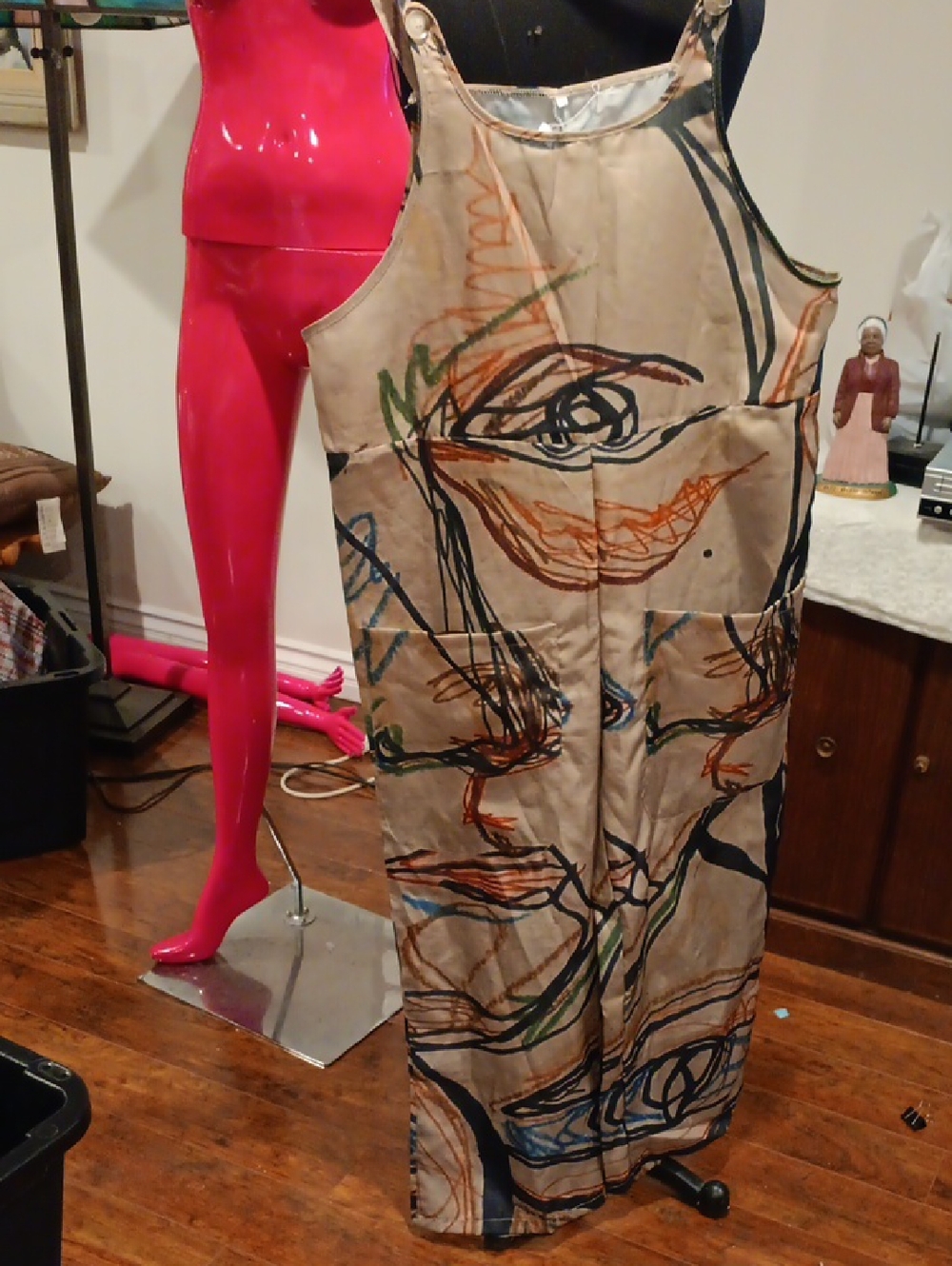 Abstract Face Print Sleeveless Midi Jumpsuit  in Beige with Multi-Color Sketch